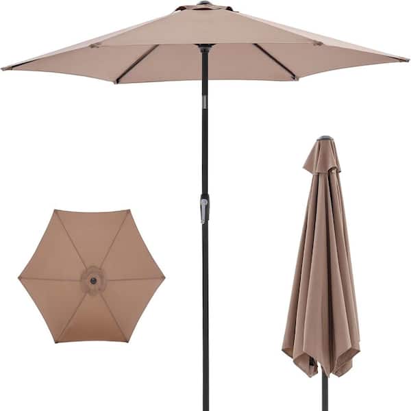 Outdoor 7.5 ft. Sun Patio Umbrella with Button Tilt & Manual Crank in Brown, UV15+ Waterproof Fabric