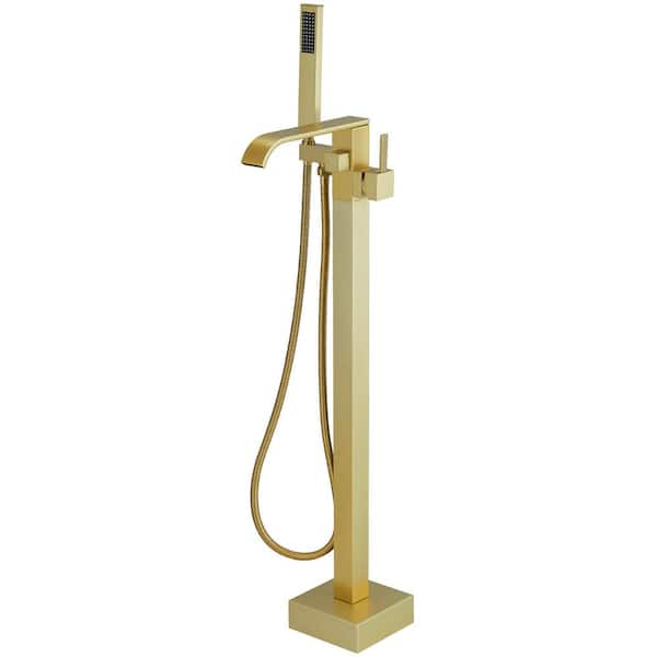 Single-Handle Floor Mount Freestanding Bathtub Faucet Waterfall Tub Filler with Handheld Shower in Brushed Gold