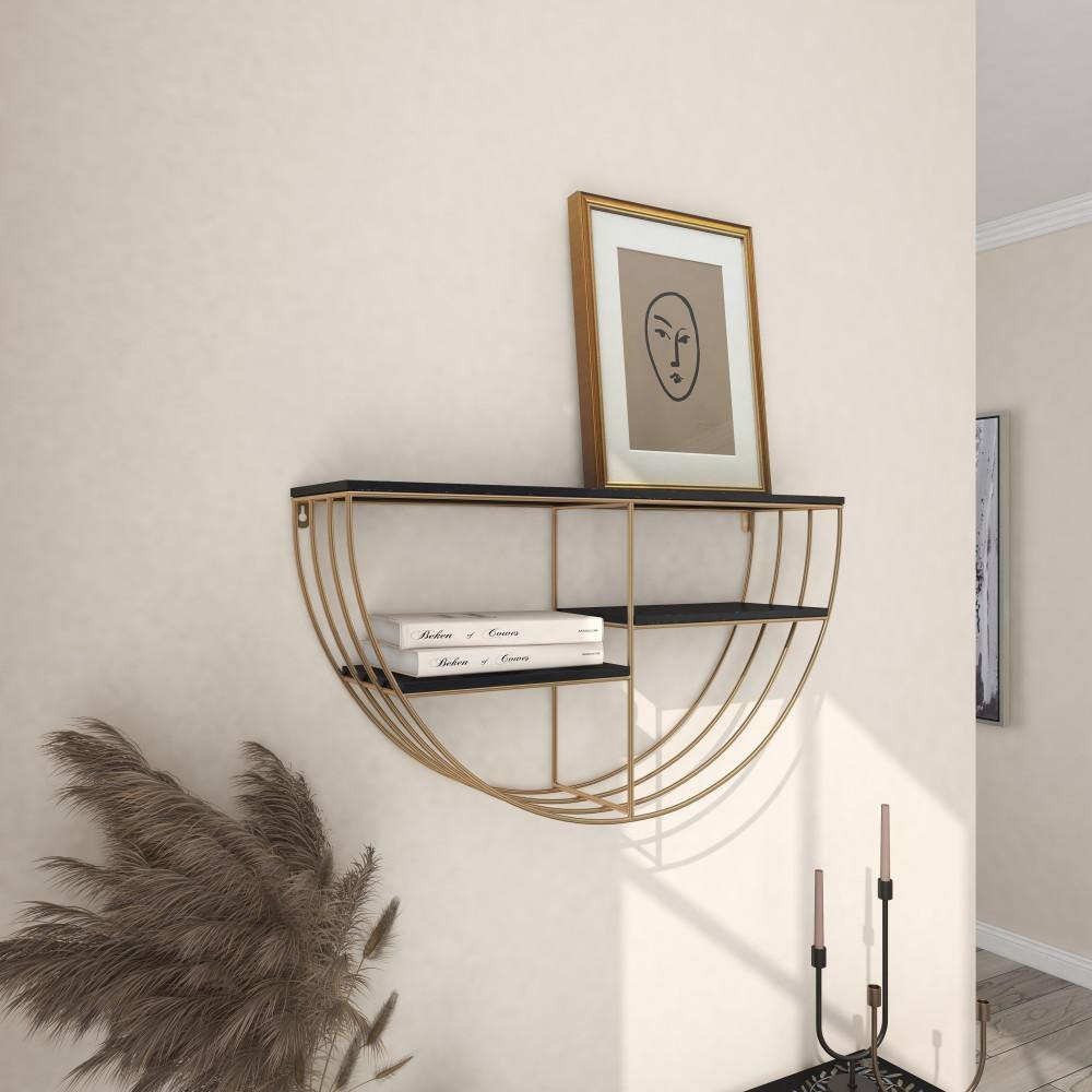 Elegant Black and Gold 28" Floating Half Moon Wall Shelf