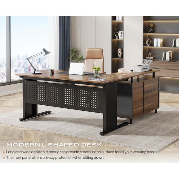 Lanita Large 63 in. L-Shaped Brown Black Engineered Wood 2-Drawer Executive Computer Desk with File Cabinet Home Office