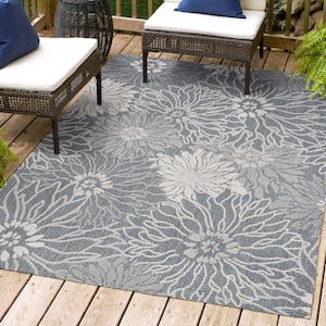 Bahamas Modern All-Over Floral Navy/Gray 3 ft. x 5 ft. Indoor/Outdoor Area Rug