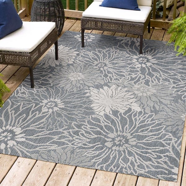 Bahamas Modern All-Over Floral Navy/Gray 5 ft. x 8 ft. Indoor/Outdoor Area Rug