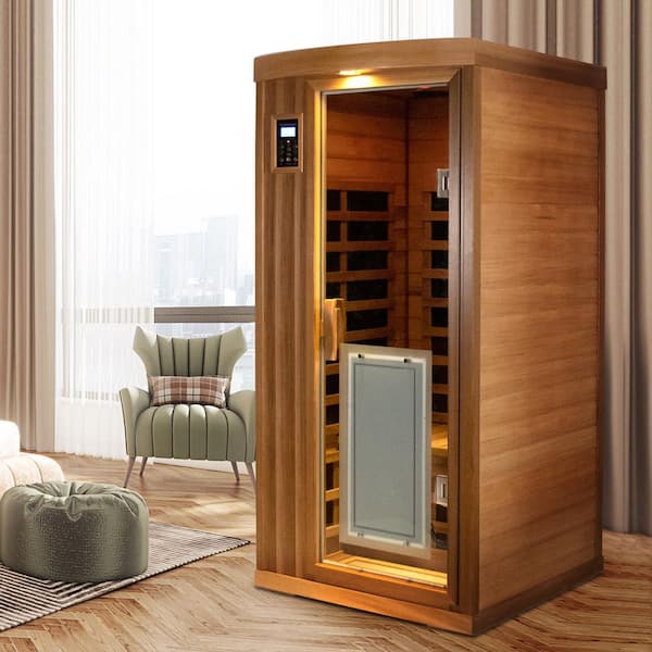 Low EMF 1-Person Red Cedar Far Infrared Deluxe Indoor Sauna with 8 Heating Panels, LCD Touch Control, LED & Bluetooth