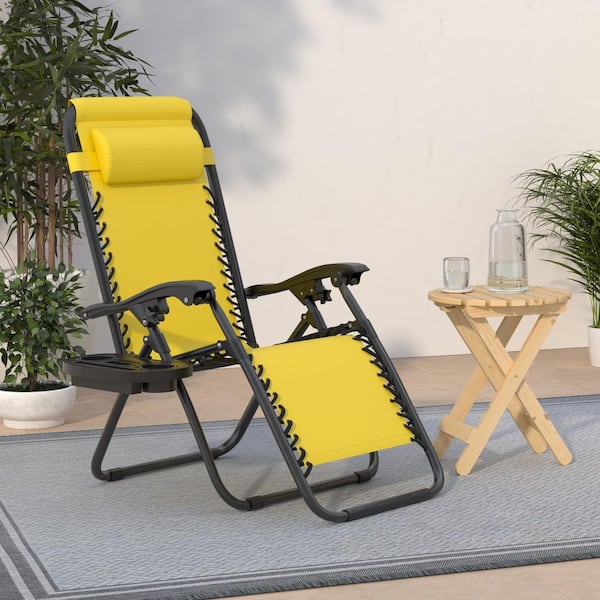 Yellow Adjustable Metal Steel Mesh Zero Gravity Lounge Chair Recliners w/Pillows and Cup Holder Trays Set of 2