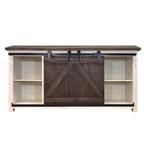 Brown and White 69 in. W Wooden Media Console with Barn Style Sliding Door Fits 60 in. TV