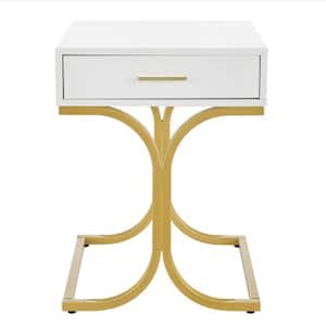 17.75 In. Mid-Century Modern Retro White Lacquer and Gold Brass Nightstand with Single Drawer and Curved Stand