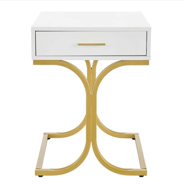 17.75 In. Mid-Century Modern Retro White Lacquer and Gold Brass Nightstand with Single Drawer and Curved Stand