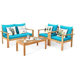 4-Piece Wood Outdoor Patio Conversation Seating Set with Turquoise Cushions