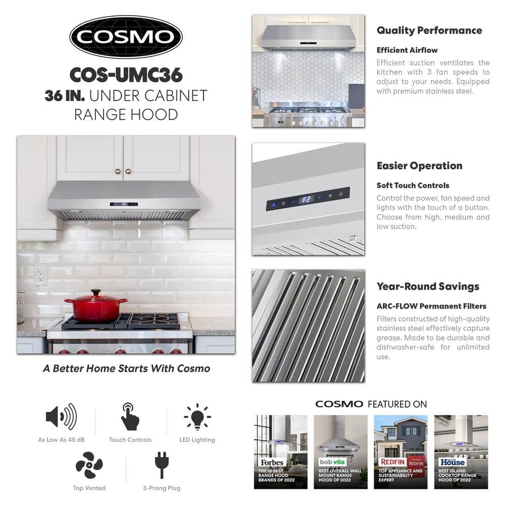 Cosmo 36" Stainless Steel Under Cabinet Range Hood with Touch Controls