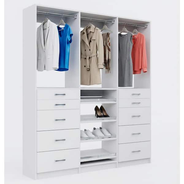Alto 93 in. W White Tower System 2 5-Drawer with Hang and Shoe-Shelves with Hang 9-Shelf Wood Closet System