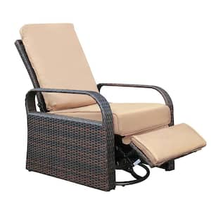 1-Piece Wicker Outdoor Swivel Recliner with Beige Cushions 360° Rotating