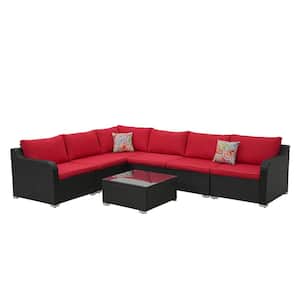 7-Piece Wicker Outdoor Sectional Set Woven Rattan Sofa Set with Red Cushions