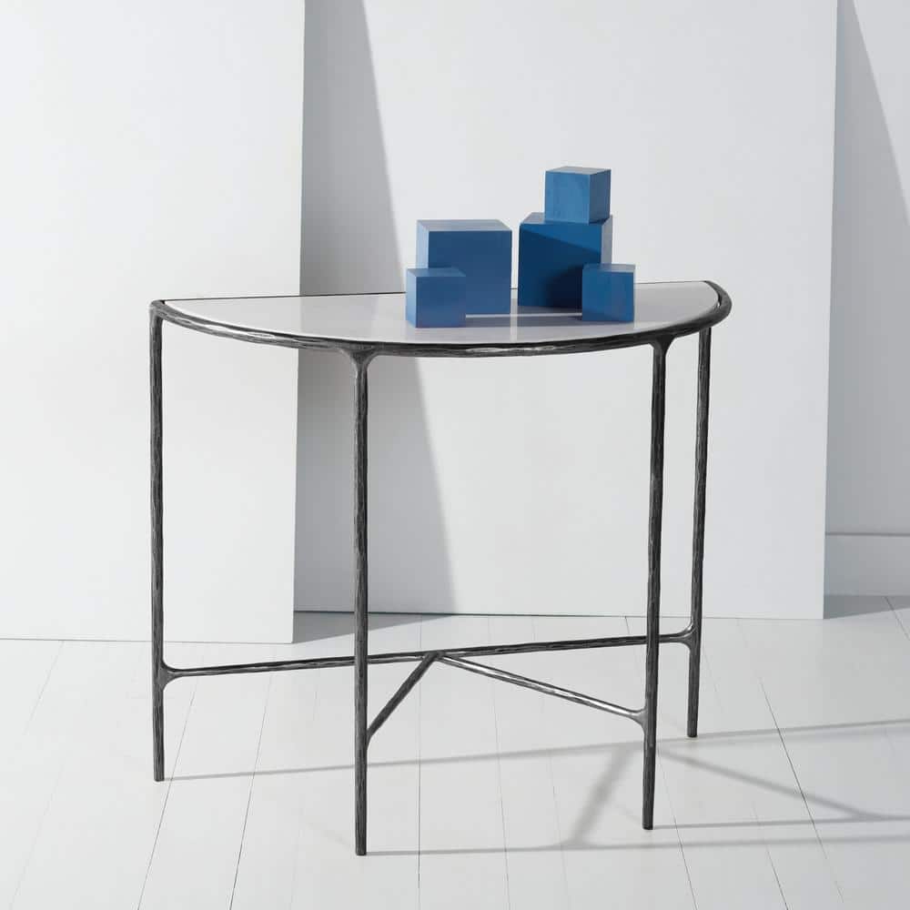 Jessa Demilune 36'' Black Metal and White Marble Console Table