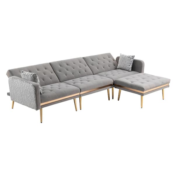 Unbranded 106.30 in. W Square Arm 3-Piece Velvet L Shaped Sectional Sofa in Gray with Ottoman
