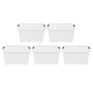 29 Qt. Stack and Pull Nesting Storage Tote, with Black Latching Clips, in White, (5 Pack)