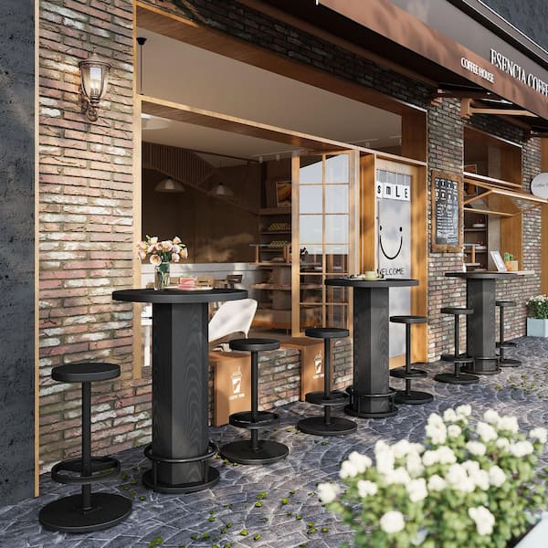 Kearsten Black 3 Piece 37.38 in. H Round Wood Bar Table Set with 2-Barstools, Small Round Kitchen Table Seat 2