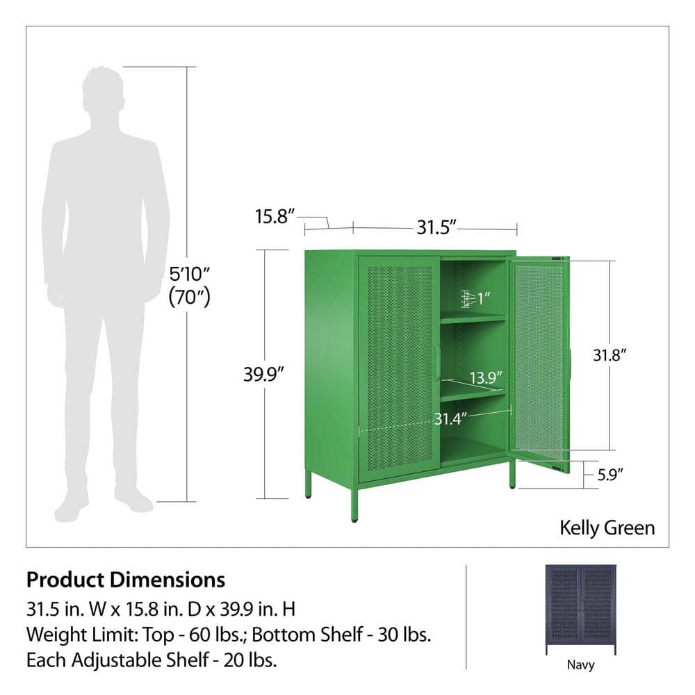 Kelly Green Metal Locker Style Bathroom Cabinet with Adjustable Shelves