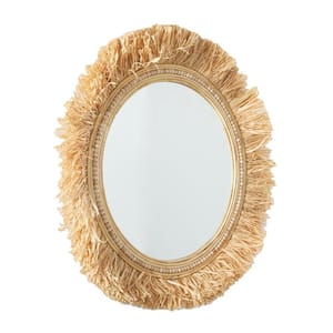 35 in. x 35 in. Round Framed Light Brown Wall Mirror with Fringe Detailing