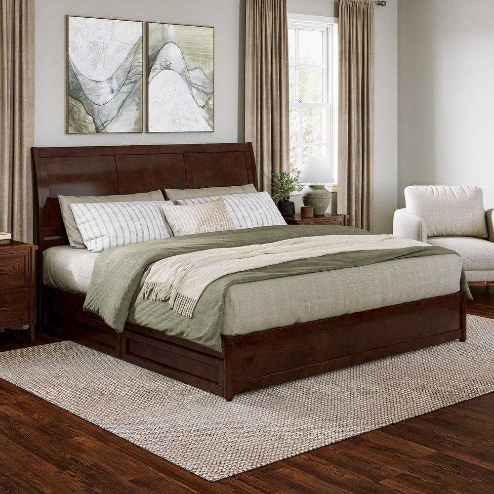 Walnut King Platform Bed with Storage Drawers and Wood Headboard