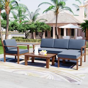 6-Piece Brown Wood Outdoor Sectional Set with Blue Cushions for Gardens, Backyards