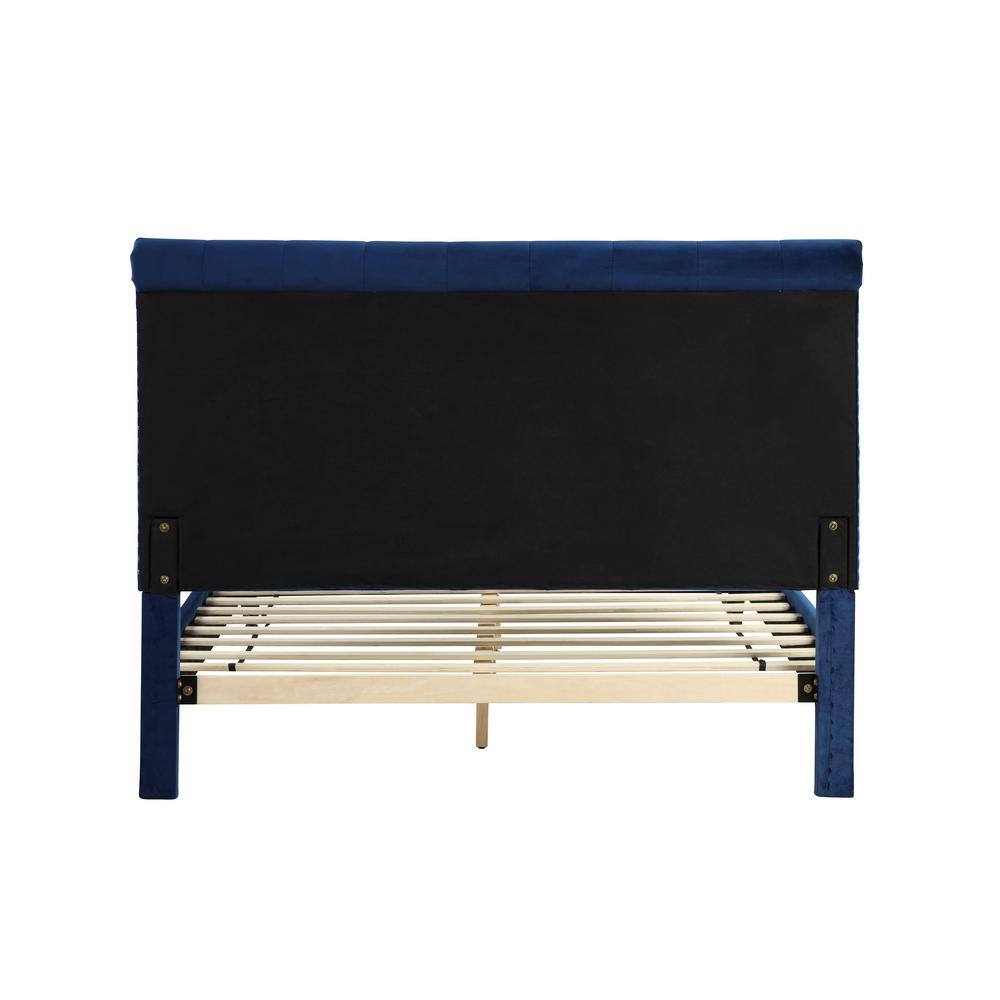 Regal Blue Velvet Tufted Cali King Bed with Nailhead Trim