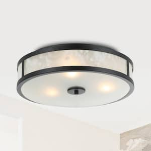 15.7 in. 3-Light Black Drum Flush Mount with Glass Shade