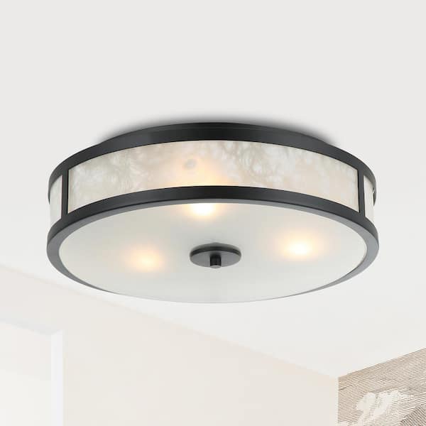 Flint Garden 15.7 in. 3-Light Black Flush Mount with Drum White Glass Shade
