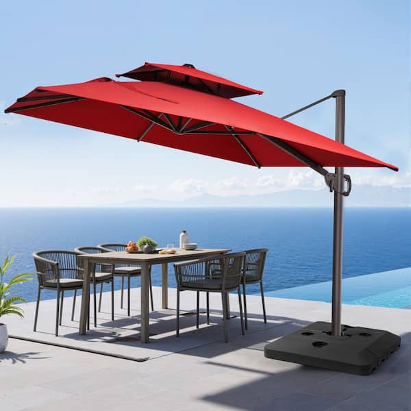Pellebant Double Top 11 ft. x 9 ft. Aluminum 360° Rotation Cantilever Patio Umbrella in Red with 240 lbs. HDPE Square Base