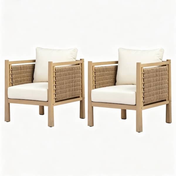 Acacia Wood Outdoor Patio Chair Set with Beige Cushions(Set of 2)