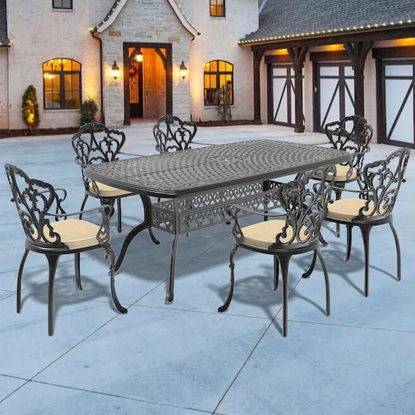 Lily Black 7-Piece Cast Aluminum Outdoor Dining Set with Rectangle Table and Dining Chairs with Random Color Cushion