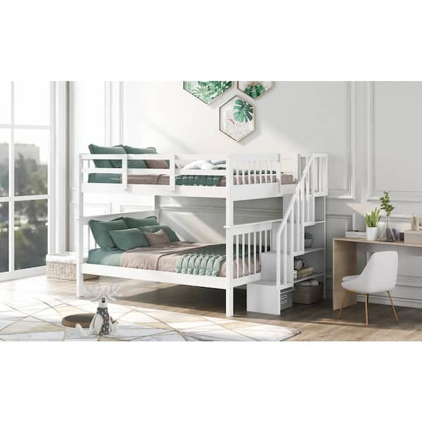 ANBAZAR White Twin Bunk Bed with Stairway, Wood Bunk Bed with Book