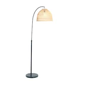 78 in. Natural and Black Arched Marble Base Floor Lamp for Any Room with Rattan Shade