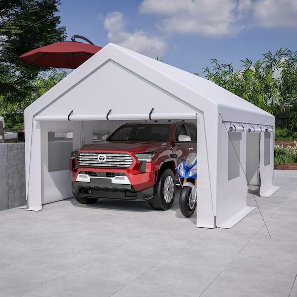13 ft x 20 ft Outdoor Garage Carport with Removable Side Walls and Roll-Up Ventilation Windows, White