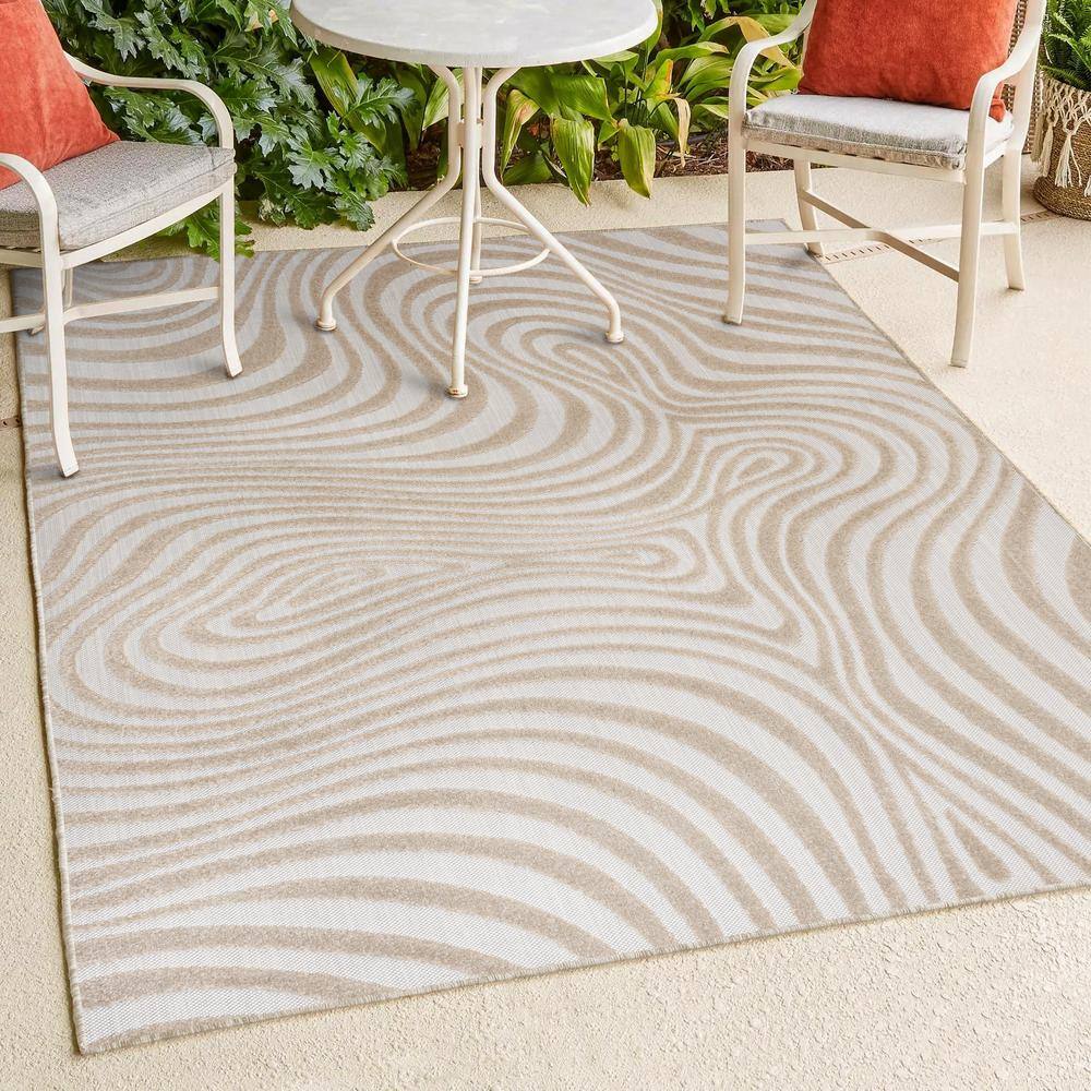 Beige and Cream High-Low Striped Rectangular Rug