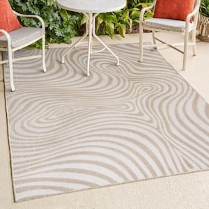 Maribo High-Low Abstract Groovy Striped Beige/Cream 8 ft. x 10 ft. Indoor/Outdoor Area Rug