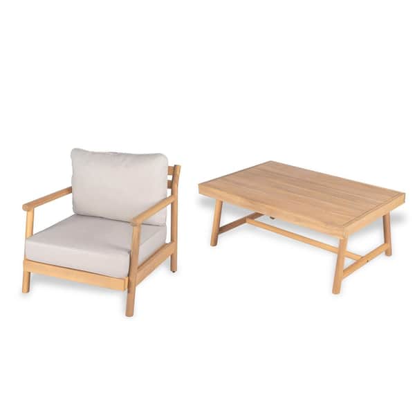 Galena Modern Patio Solid Wood Conversation Chat Set Outdoor Lounge Chair with Beige Cushions, Coffee Table, Teak Finish