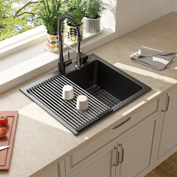 25 in. Drop-In Single Bowl Matte Black Granite Composite Kitchen Sink with Bottom Grids and Strainer