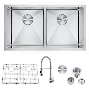 32 in. Dual Mount Stainless Steel 50/50 Double Bowl Undermount Kitchen Sink with Bottom Grid and Pull Down Faucet