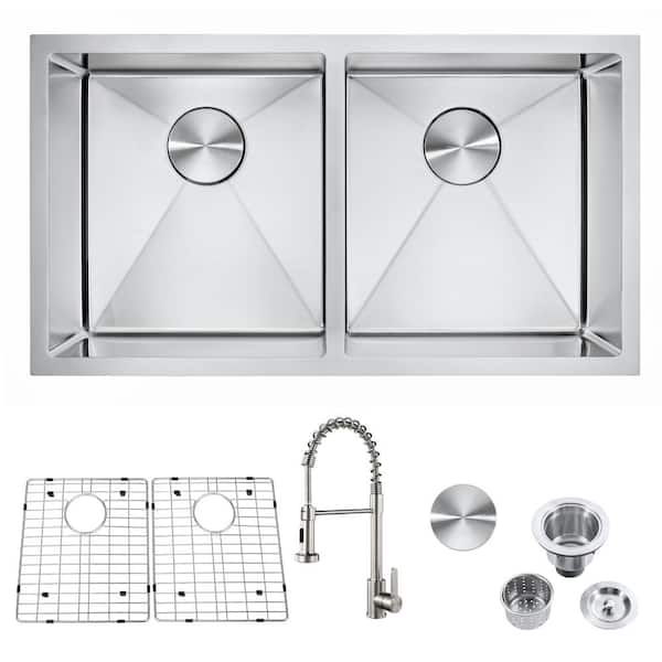 HOMEMYSTIQUE 32 in. Dual Mount Stainless Steel 50/50 Double Bowl Undermount Kitchen Sink with Bottom Grid and Pull Down Faucet