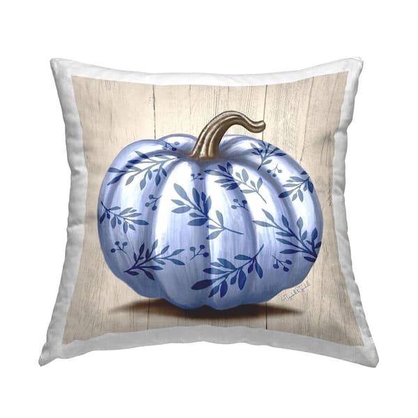 Stupell Industries Botanical Patterned Pumpkin Rustic Plank Design Blue Floral Polyester 18in. X 18in. Throw Pillow