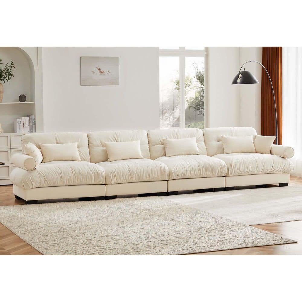 Dalton 166 in. Velvet Upholstered Rectangle Sectional Sofa in Beige with Blostered Armrests, Pillows, Cream