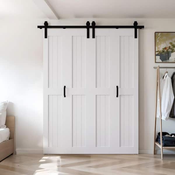 60 in. x 84 in. (Double 30 in. ) Bi-Fold Paneled H Shape White Finished MDF Sliding Barn Door with Hardware Kit