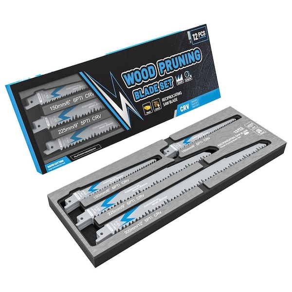 12-Piece Chrome Vanadium Steel Reciprocating Saw Blade Set with Organizer Box for Tree Pruning and Wet Wood Cutting