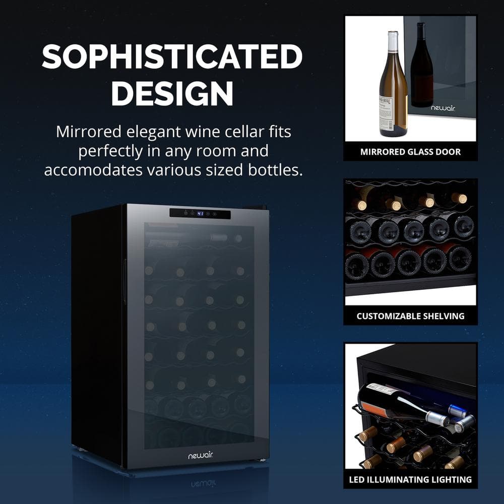 Newair 51 Bottle Black Mirrored Glass Wine Cooler with Interior Lighting
