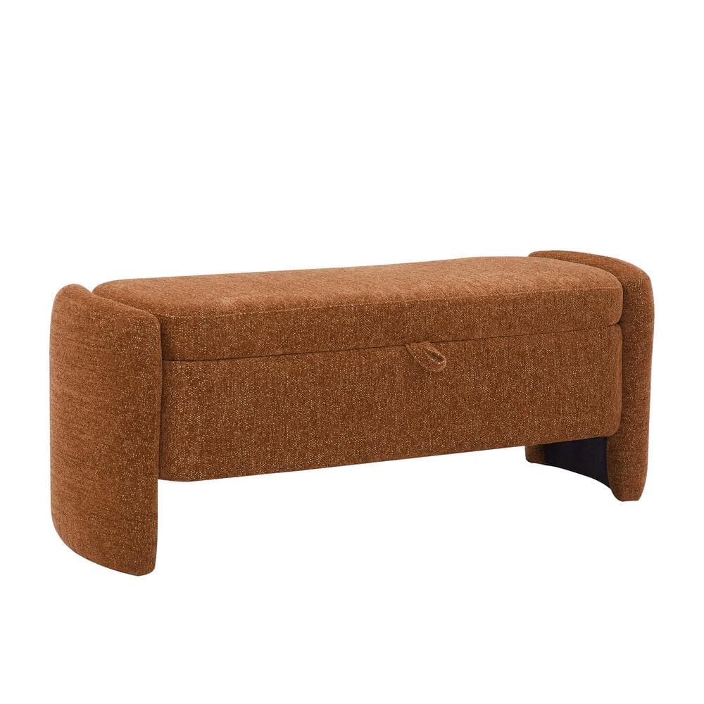 Orange Oval Dining Bench, Storage Bench Chenille Fabric Bench with Large St