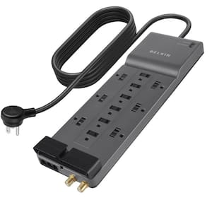8 ft. Flat Plug Heavy-Duty Extension Cord, Power Strip Surge Protector with 12 AC Multiple Outlets - (3,940 Joules)