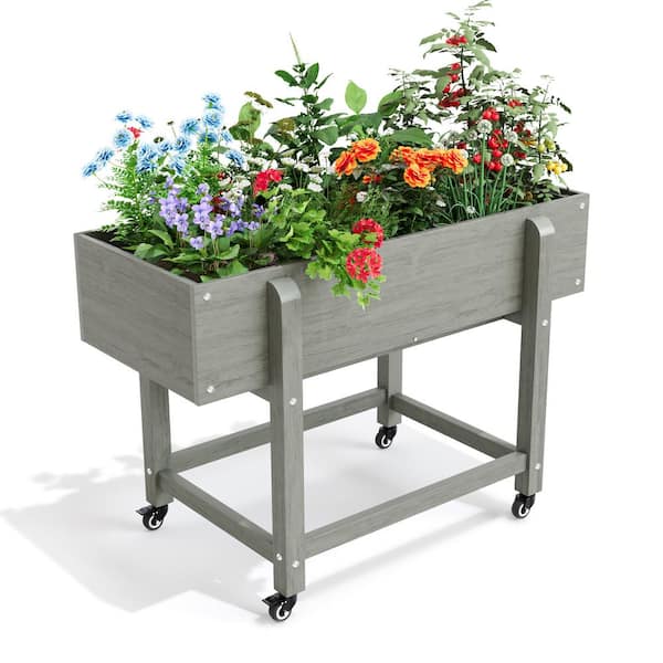 LUE BONA 39.4 in. x 16.7 in. x 28 in. Grey Plastic Mobile Elevated Garden Beds with Lockable Wheels, Liner
