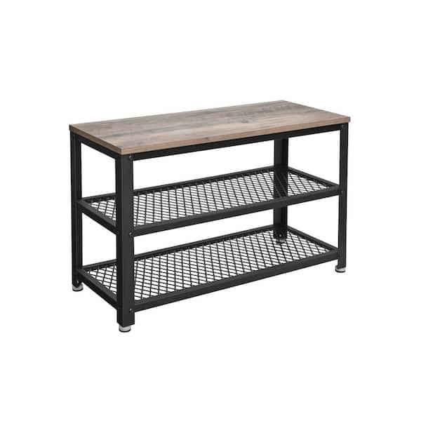 Benjara Brown and Black Dining Bench Backless with Three Tier and Mesh Shelves 28.74 in.
