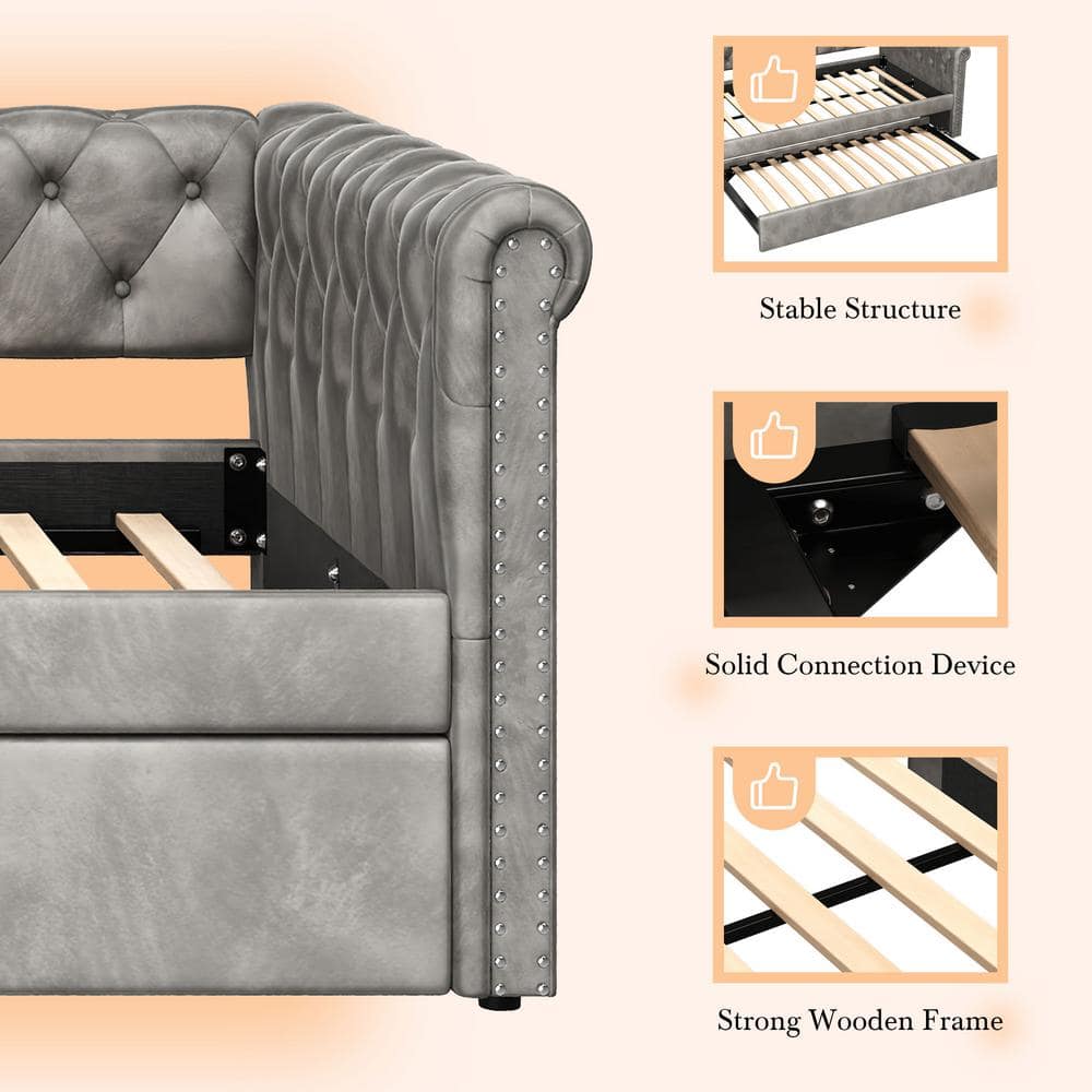 Gray Velvet Upholstered Twin Daybed with Trundle and Nailhead Trim