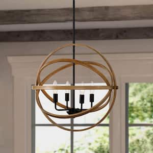 Farmhouse Chandelier 4-Light Globe Cage Classic Black Candlestick Island Pendant Chandelier with Faux Wood Accent